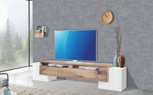 Base TV bianco lucido e acero 210x45x45h cm 3 ante - Amis
