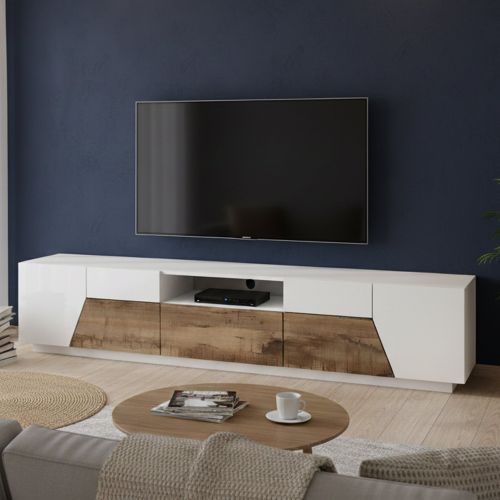 Base TV bianco lucido e acero 220x43x46h cm 4 ante e 1 cassetto - Animai