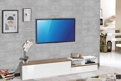 Base TV bianco lucido e acero 240x40x50h cm 2 ante - Fetta