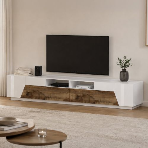 Base TV bianco lucido e acero 260x43x46h cm 4 ante e 2 cassetti - Asdrubale