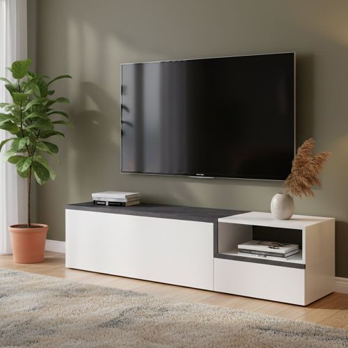 Base TV bianco lucido e ardesia 160x40x46h cm 2 ante - Fluorite