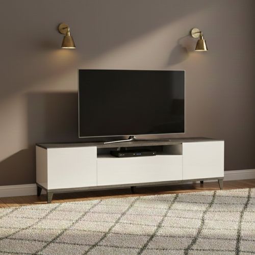Base TV bianco lucido e ardesia 160x40x47h cm 2 ante e 1 cassetto - Argentoro