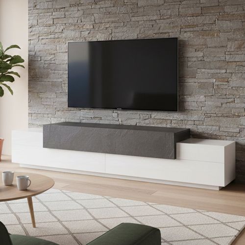 Base TV bianco lucido e ardesia 240x45x52h cm 3 ante - Tiche
