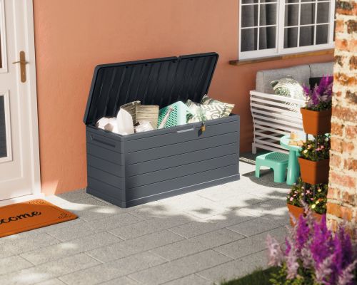 Baule Nero Antracite Resistente ai Raggi uv Impermeabile Capacità 350 l Chiusura Lucchetto 118.5x52x56.8h cm, Materiale Piano in Plastica - Nurri