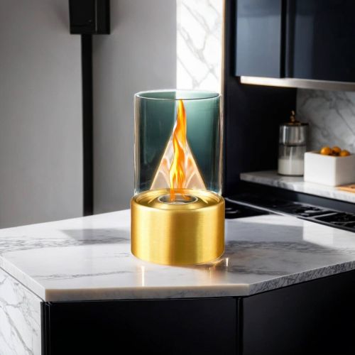 Camino a bioetanolo Dschroffenegge, Caminetto ecologico, Focolare senza fumo, Riscaldatore ad etanolo, Made in Italy, 16x16 h29 cm, Oro e Trasparente