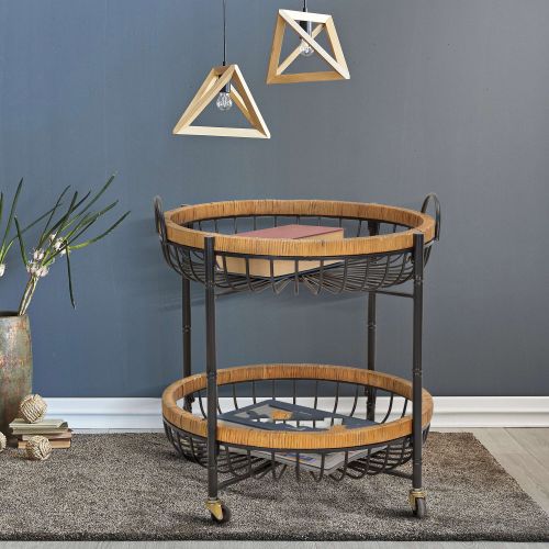 Carrello Marrone Nero 2 Ripiani Ruote 57x56x63h cm, con 2 Cestini in Rattan - Zakopa