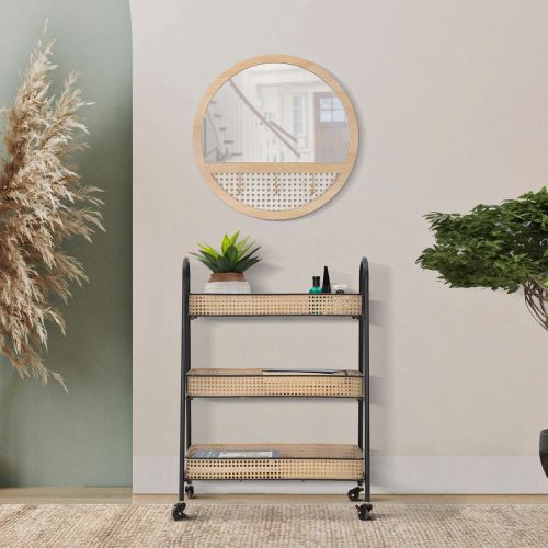 Carrello Marrone Nero 3 Ripiani Ruote 60x30x80h cm, Finitura Effetto Paglia di Vienna - Fapaga