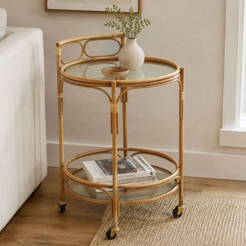 Carrello Marrone Trasparente 2 Ripiani Ruote 51x51x74h cm, Finiture in Rattan - Dalosa