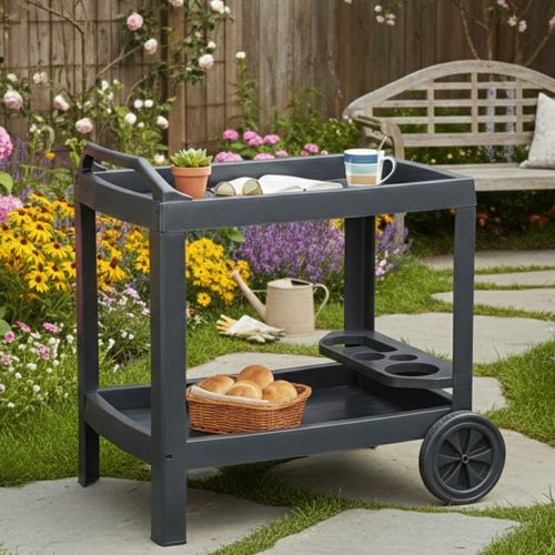 Carrello Nero Antracite 2 Ripiani Ruote 53x74x73h cm, con Portabicchieri Made in Italy - Chidester