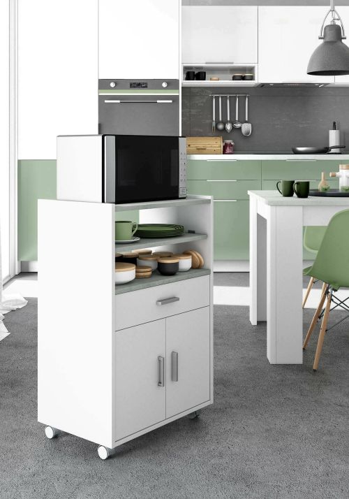 Carrello Scottsdale, Mobile ausiliare per cucina con ruote, Armadio multiuso con 2 ante e 1 ripiano, 59x40h92 cm, Bianco