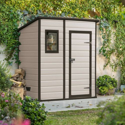 Casetta da Giardino Beige Nero Resistente Agli Agenti Atmosferici Presenza Finestre 184x111x201h cm, Tetto a due Falde - Tiffin