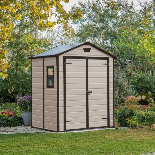 Casetta da Giardino Beige Nero Resistente Agli Agenti Atmosferici Presenza Finestre 185x152x226h cm, Tetto a due Falde - Sheboygan