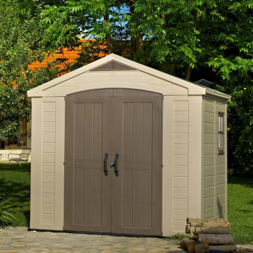 Casetta da Giardino Beige Nero Resistente Agli Agenti Atmosferici Presenza Finestre 257x182x243h cm, Tetto a due Falde - Vandalia