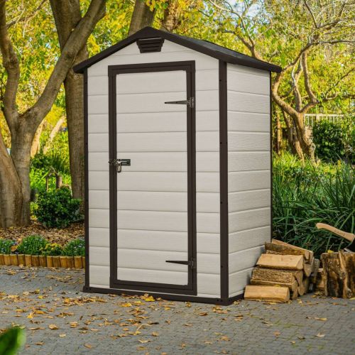 Casetta da Giardino Beige Nero Resistente Agli Agenti Atmosferici Tetto a due Falde 129x103x196h cm, Materiale Tetto in Plastica - Stormlake