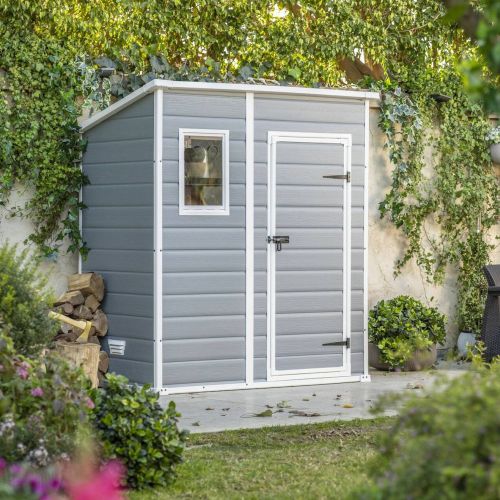 Casetta da Giardino Grigio Bianco Resistente Agli Agenti Atmosferici Presenza Finestre 184x111x201h cm, Tetto a due Falde - Tiffin