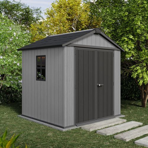 Casetta da Giardino Grigio Nero Lucchettabile, Finitura in Resina Presenza Finestre 230x224x246h cm, Tetto a due Falde - Oneonta