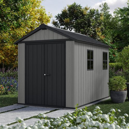 Casetta da Giardino Grigio Nero Lucchettabile, Finitura in Resina Presenza Finestre 230x287x246h cm, Tetto a due Falde - Perham