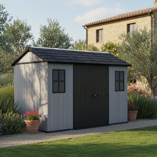 Casetta da Giardino Grigio Nero Lucchettabile, Finitura in Resina Presenza Finestre 230x350x246h cm, Tetto a due Falde - Rockport
