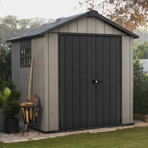 Casetta da Giardino Grigio Nero Resistente Agli Agenti Atmosferici Presenza Finestre 229x224x242h cm, Tetto a due Falde - Sunbury