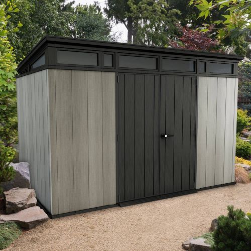 Casetta da Giardino Grigio Nero Resistente Agli Agenti Atmosferici Presenza Finestre 342x218x226h cm, Tetto Piano - Cobourg
