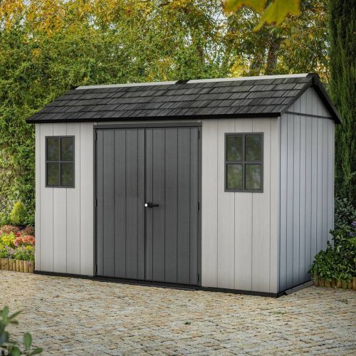 Casetta da Giardino Grigio Nero Resistente Agli Agenti Atmosferici Presenza Finestre 350x229x254h cm, Tetto a due Falde - Dartmouth