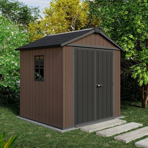 Casetta da Giardino Marrone Nero Resistente Agli Agenti Atmosferici Presenza Finestre 230x224x246h cm, Tetto a due Falde - Oneonta