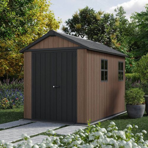 Casetta da Giardino Marrone Nero Resistente Agli Agenti Atmosferici Presenza Finestre 230x287x246h cm, Tetto a due Falde - Perham