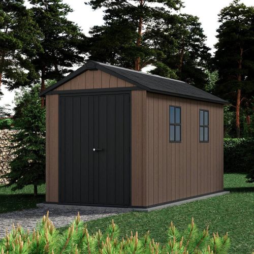 Casetta da Giardino Marrone Nero Resistente Agli Agenti Atmosferici Presenza Finestre 230x350x246h cm, Tetto a due Falde - Rockport