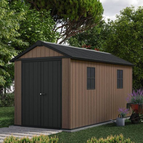 Casetta da Giardino Marrone Nero Resistente Agli Agenti Atmosferici Presenza Finestre 230x413x246h cm, Tetto a due Falde - Ponca