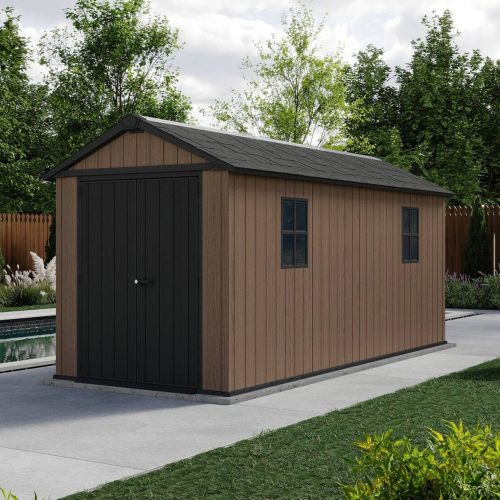 Casetta da Giardino Marrone Nero Resistente Agli Agenti Atmosferici Presenza Finestre 230x476x246h cm, Tetto a due Falde - Kincardine