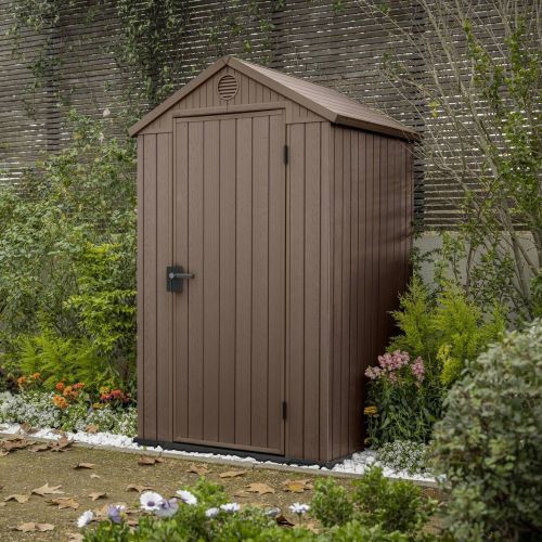 Casetta da Giardino Marrone Nero Resistente Agli Agenti Atmosferici Tetto a due Falde 124x117x205h cm, Materiale Tetto in Plastica - Osoyoos