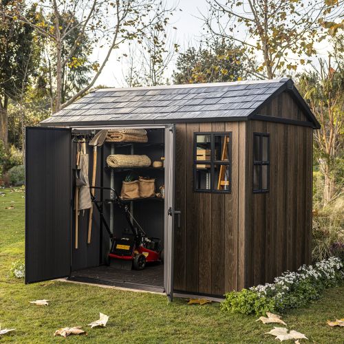 Casetta da Giardino Marrone Noce Nero Lucchettabile, Finitura in Resina Presenza Finestre 287x230x246h cm, Tetto a due Falde - Mayfield