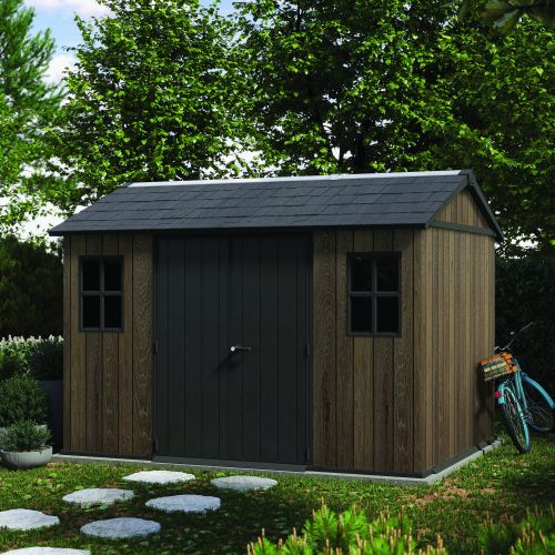 Casetta da Giardino Marrone Noce Nero Lucchettabile, Finitura in Resina Presenza Finestre 350x230x246h cm, Tetto a due Falde - Mcalester