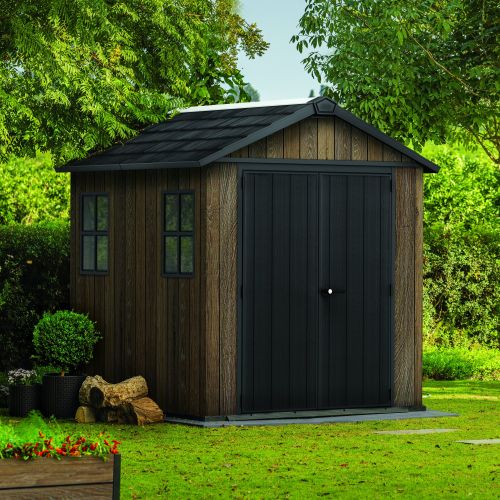 Casetta da Giardino Marrone Noce Nero Pavimento Rialzato, Modulabile, Lucchettabile Presenza Finestre 224x230x246h cm, Tetto a due Falde - Mattoon