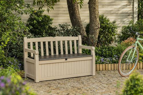 Cassapanca outdoor Cuglieri, Baule da giardino, Contenitore da esterno, Panchina contenitore da esterno, 140x60 h84 cm, Beige e Marrone