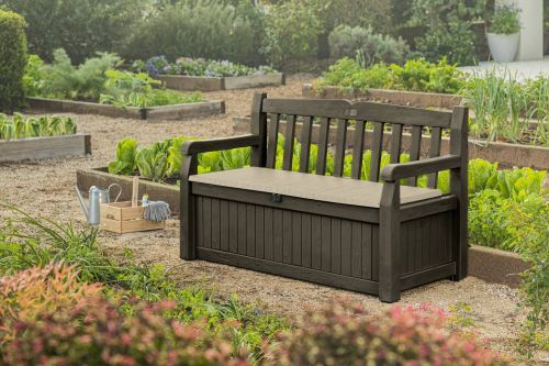 Cassapanca outdoor Cuglieri, Baule da giardino, Contenitore da esterno, Panchina contenitore da esterno, 140x60 h84 cm, Marrone e Beige