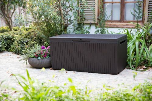 Cassapanca outdoor Tammaro, Baule da giardino, Contenitore da esterno, Panchina contenitore da esterno, 123x54 h57 cm, Marrone