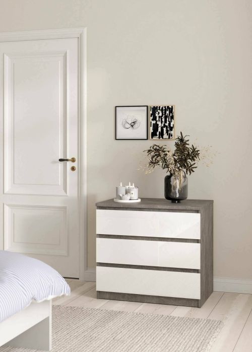Cassettiera Aglae, Settimino multiuso, Comò camera da letto, Mobile con cassetti, 50x77 h70 cm, Cemento e Bianco