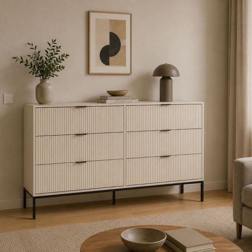 Cassettiera Beige Cashmere 6 Cassetti Apertura Scorrevole 150x40x92h cm, Chiusura Soft Close - Lalifa