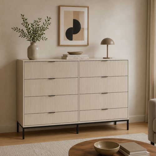 Cassettiera Beige Cashmere 8 Cassetti Apertura Scorrevole 150x40x116h cm, Chiusura Soft Close - Lamila