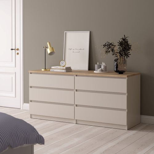 Cassettiera Beige Cashmere Marrone Rovere 6 Cassetti Apertura Scorrevole 154x50x70h cm, Chiusura Scorrevole - Abacadabra