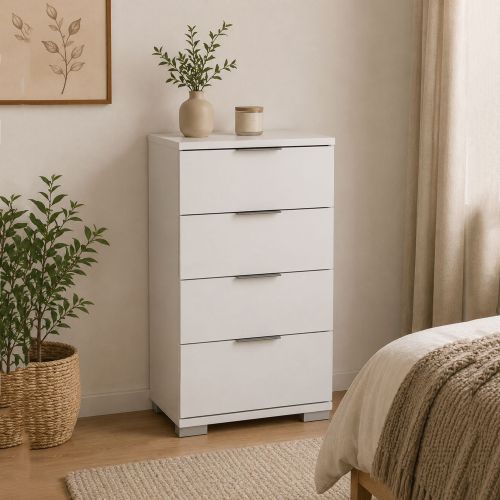 Cassettiera Bianco 4 Cassetti Apertura Scorrevole 46x42x79h cm, Chiusura Scorrevole - Laka