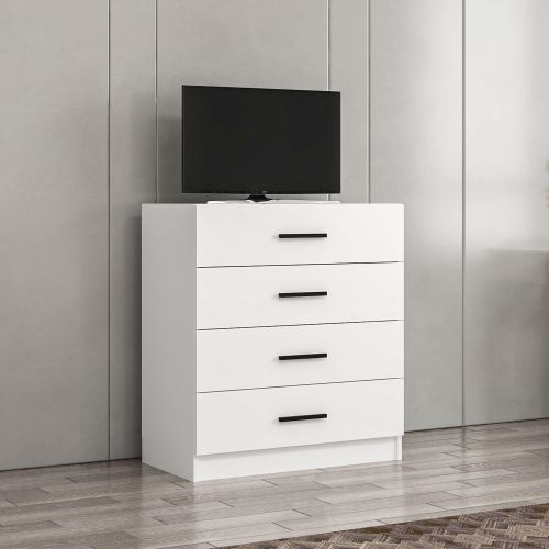 Cassettiera Bianco 4 Cassetti Apertura Scorrevole 90x47x100h cm, Chiusura Scorrevole - Lierna