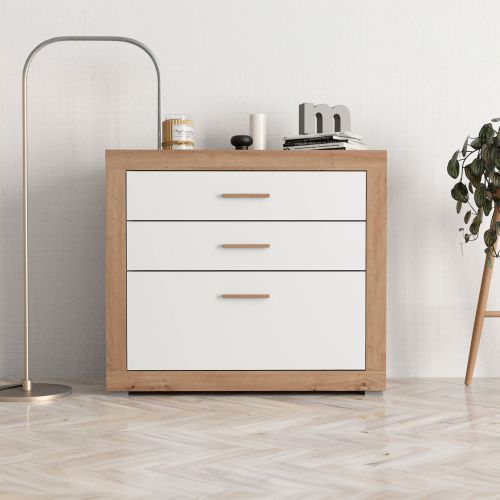 Cassettiera Bianco Marrone Rovere 3 Cassetti con Piedini 90x35x79h cm, Apertura Scorrevole - Hampi