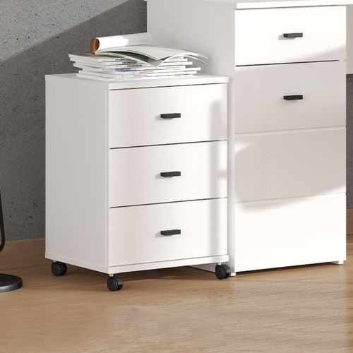 Cassettiera Bianco Opaco Nero 3 Cassetti con Ruote 39x35x56h cm, Apertura Scorrevole - Kaza