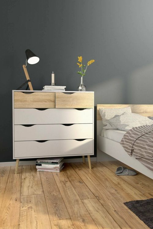 Cassettiera Clothilde, Settimino multiuso, Comò camera da letto, Mobile con cassetti, 98x39 h100 cm, Bianco e Quercia