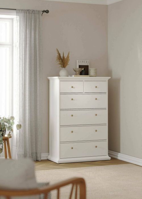 Cassettiera Colombe, Settimino multiuso, Comò camera da letto, Mobile con cassetti, 96x49 h139 cm, Bianco