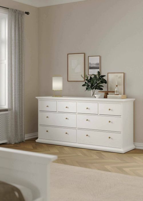 Cassettiera Coraline, Settimino multiuso, Comò camera da letto, Mobile con cassetti, 183x49 h87 cm, Bianco