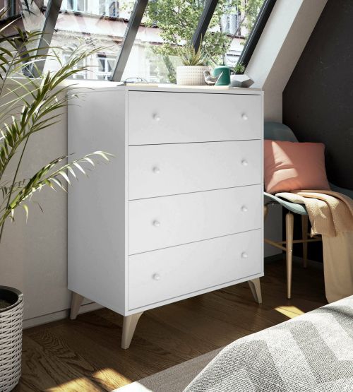 Cassettiera Denver, Settimanale a 4 cassetti, Mobile Comò per camera da letto, Comò moderno, 78x40h95 cm, Bianco