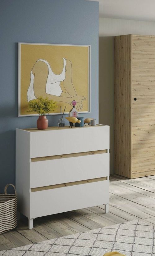 Cassettiera Forfar, Settimino multiuso, Comò camera da letto, Mobile con cassetti, 79x41 h91 cm, Bianco e Rovere Nodi